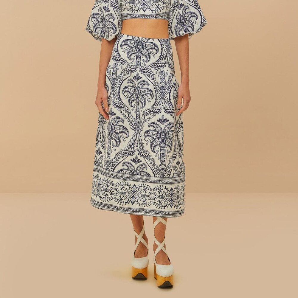 FARM Rio Off-White Tropical Cameo Euroflax™ Premium Linen Midi Skirt